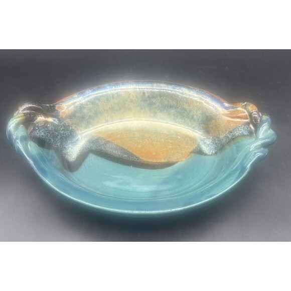 Susan Ammann Taos Twisted Rope Handle Glazed Art Pottery Oval Dish Signed 11” - Picture 4 of 10